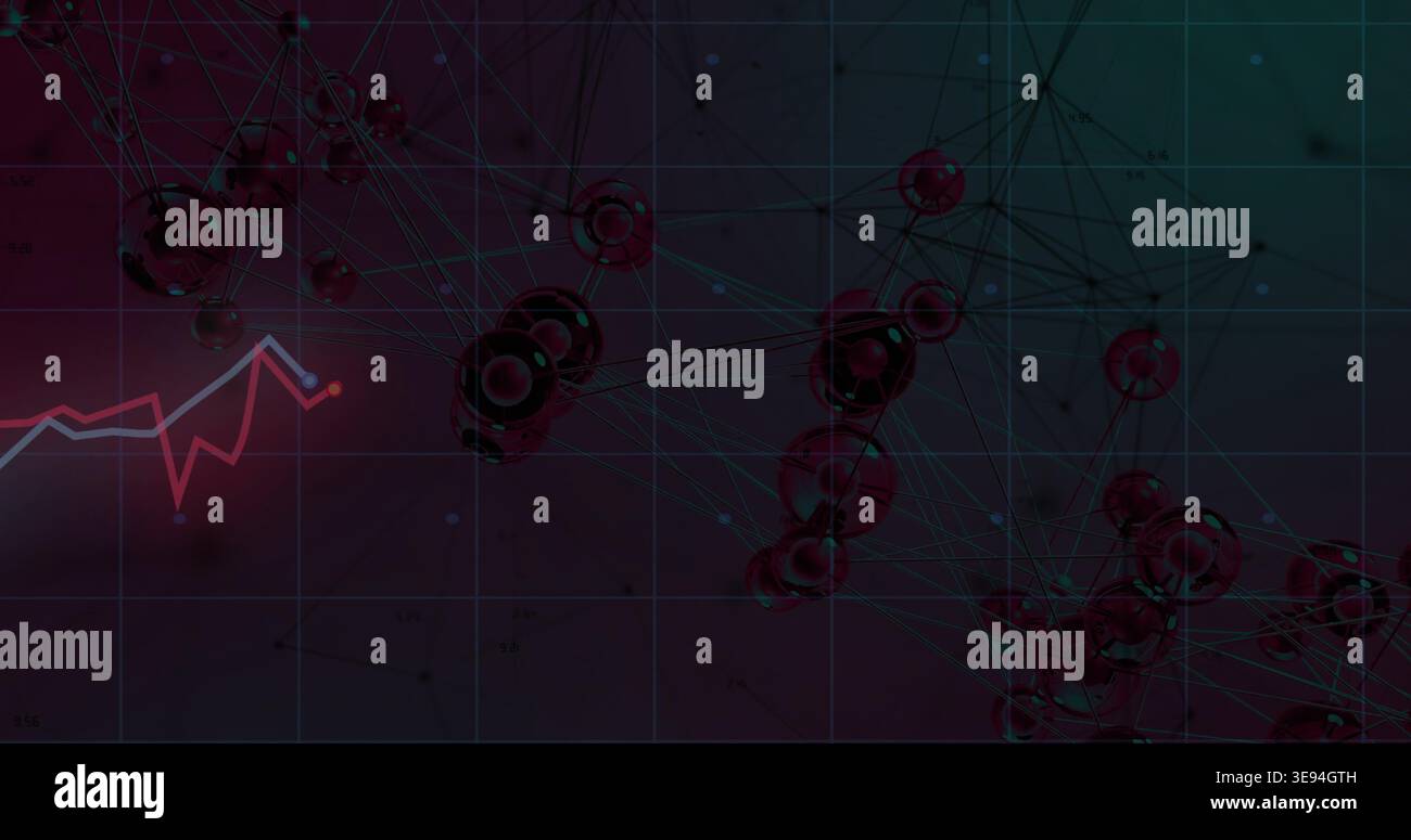 Displaying glossy spheres linking via thin lines in virtual studio, neon chart highlighting point Stock Photo