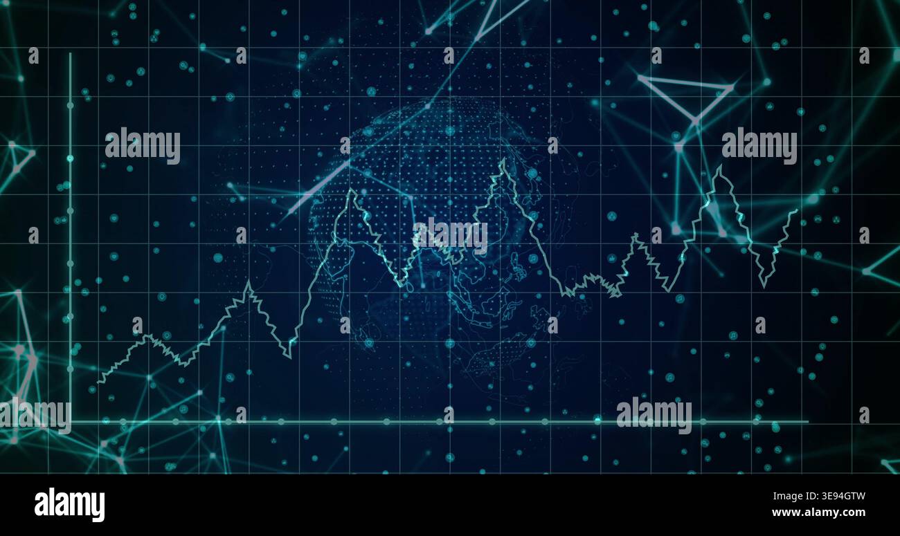Displaying data visualization on virtual panel, showing jagged waveform intersecting dotted globe Stock Photo