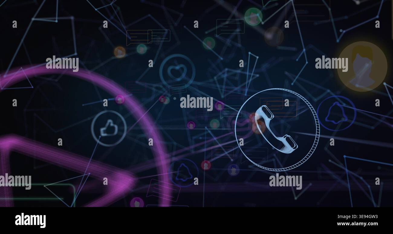 Sliding play-arrow from left, blue neon phone icon pulsing amid social ...