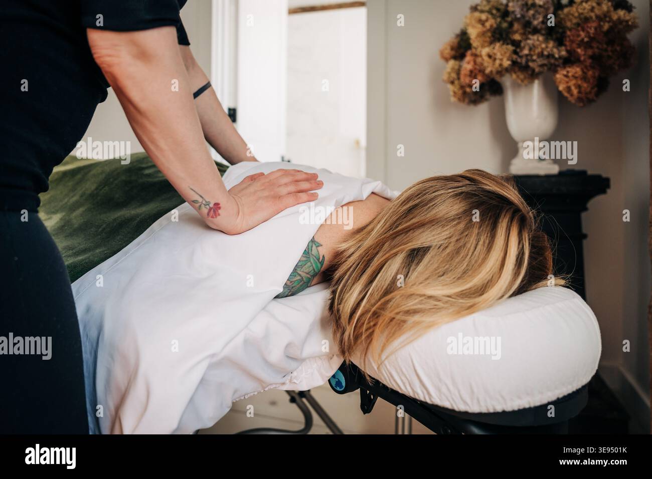 Professional therapist giving back massage to woman Stock Photo
