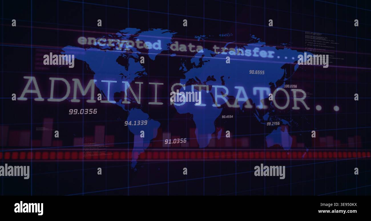 Displaying ADMIN overlay on blue map updating on console as encrypted stream starting, red waveform Stock Photo