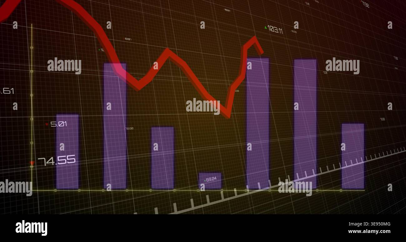 Displaying 3D financial chart on dark grid plane, showing translucent purple bars, jagged red line Stock Photo