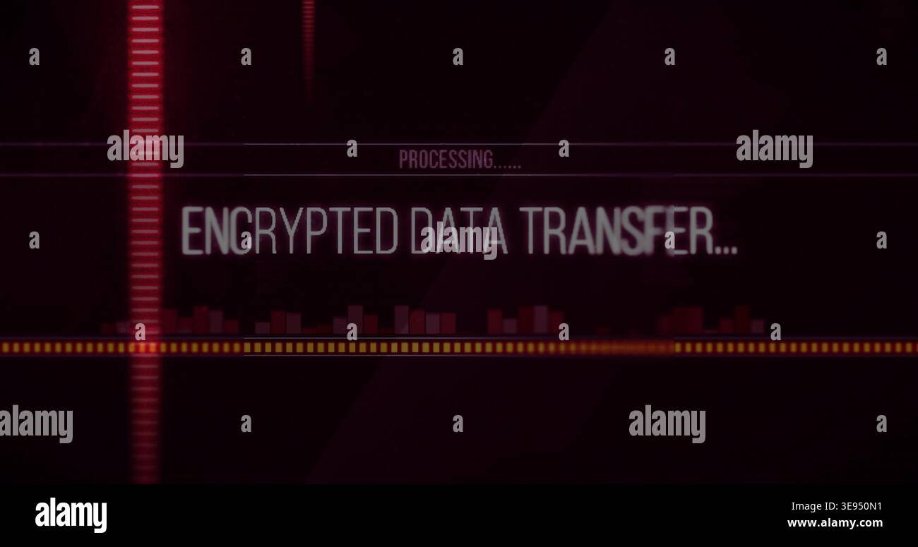 Flashing central ENCRYPTED DATA TRANSFER updating after PROCESSING cue on HUD showing progress bar Stock Photo