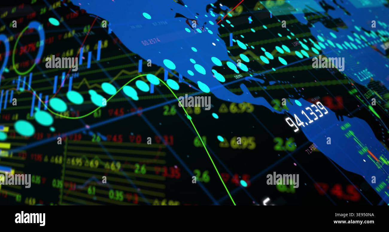 Showing blue map silhouette on virtual dashboard displaying 94 Stock Photo