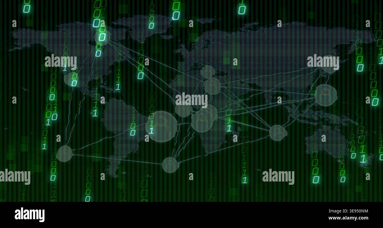 Streaming global network map pulsing across dark green interface, binary digits driving node glow Stock Photo