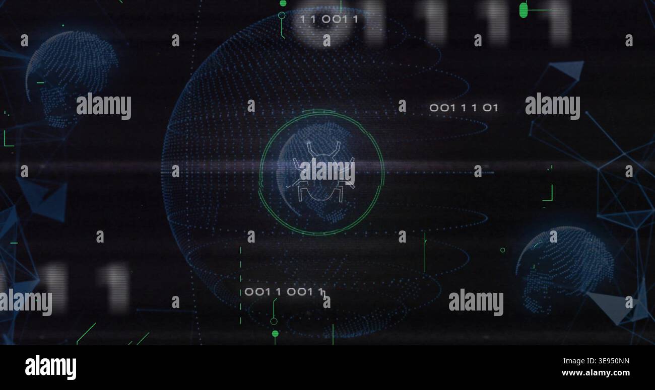 Scanning central HUD target after binary stream detection, detecting malware bug icon in data space Stock Photo