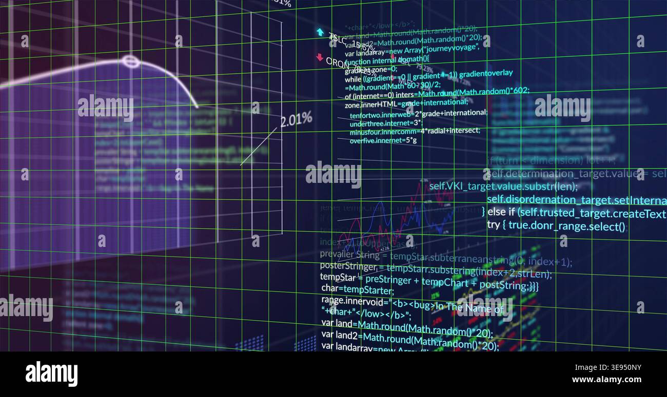 Streaming data display shifting in virtual dashboard, showing 3D grid, purple cube, code, 2 Stock Photo