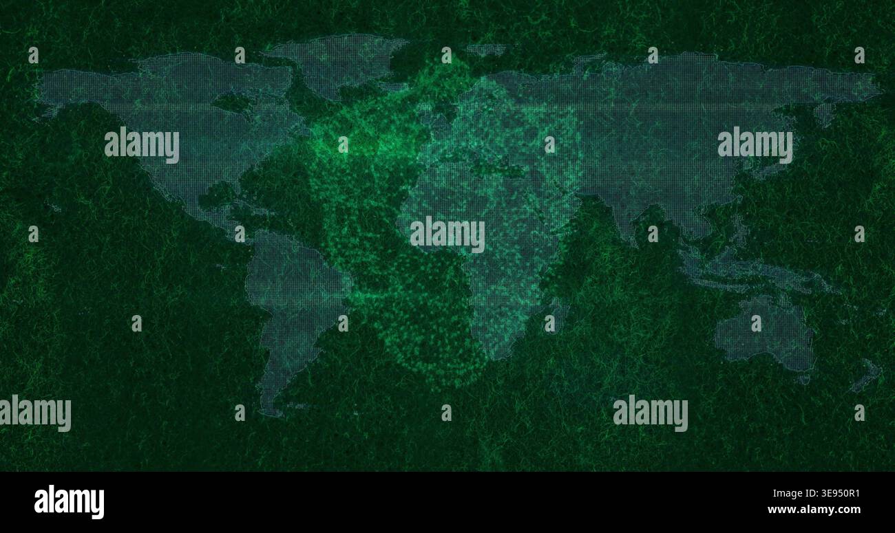 Animating data map on screen receiving pulse, forming dot-matrix lands with green cloud over Africa Stock Photo