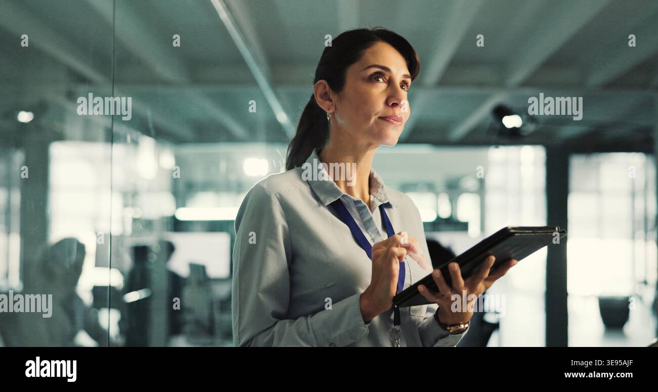 Thinking, programmer and woman with tablet in office, app development planning and software testing idea. Problem solving, tech or mature person with Stock Photo