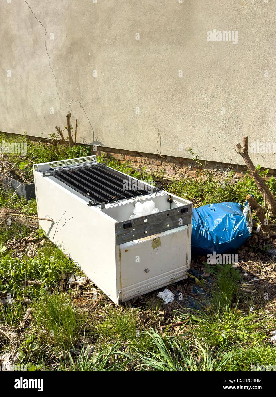 Old refrigerator was illegally disposed of in nature vertical Stock Photo