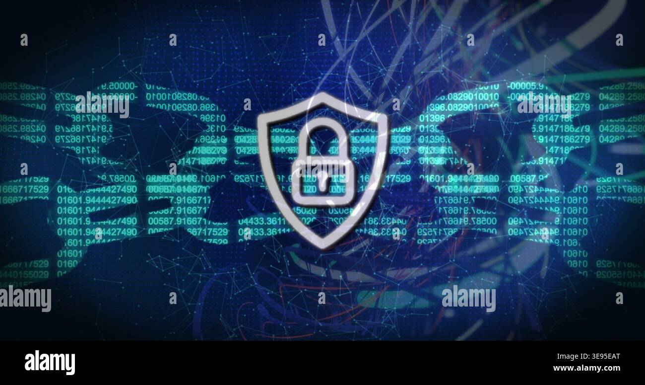 Detecting intrusion, white shield with padlock emitting glow over network, protecting cyan code Stock Photo