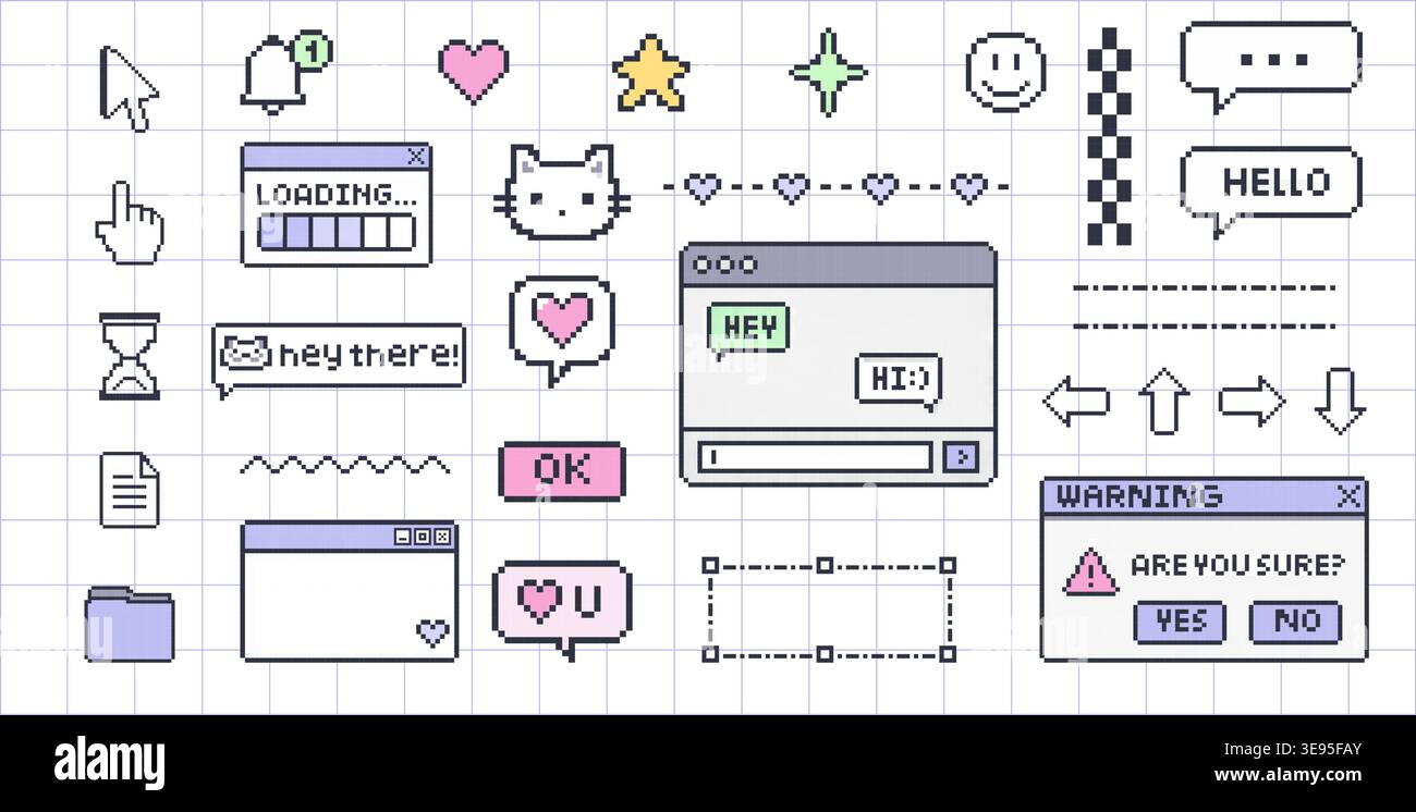 Various pixel style interface icons including messaging windows cursors symbols and controls arranged over a grid pattern Stock Vector