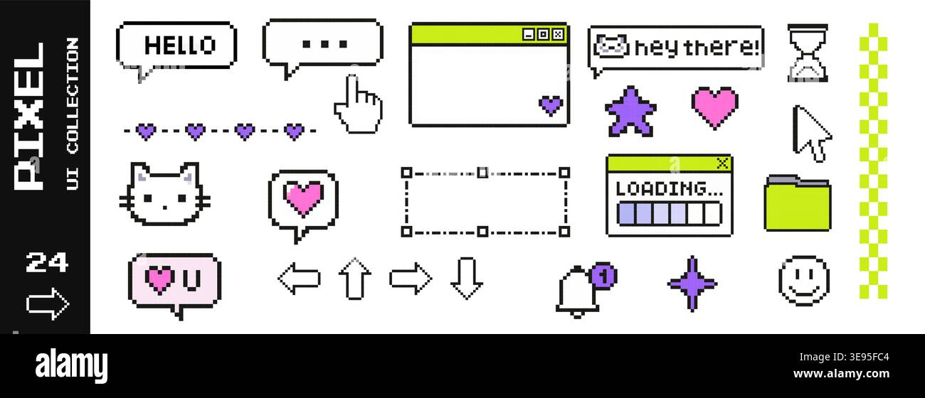 Mixed pixel style interface graphics including messaging icons navigation arrows notifications and system elements arranged as a cohesive collection Stock Vector