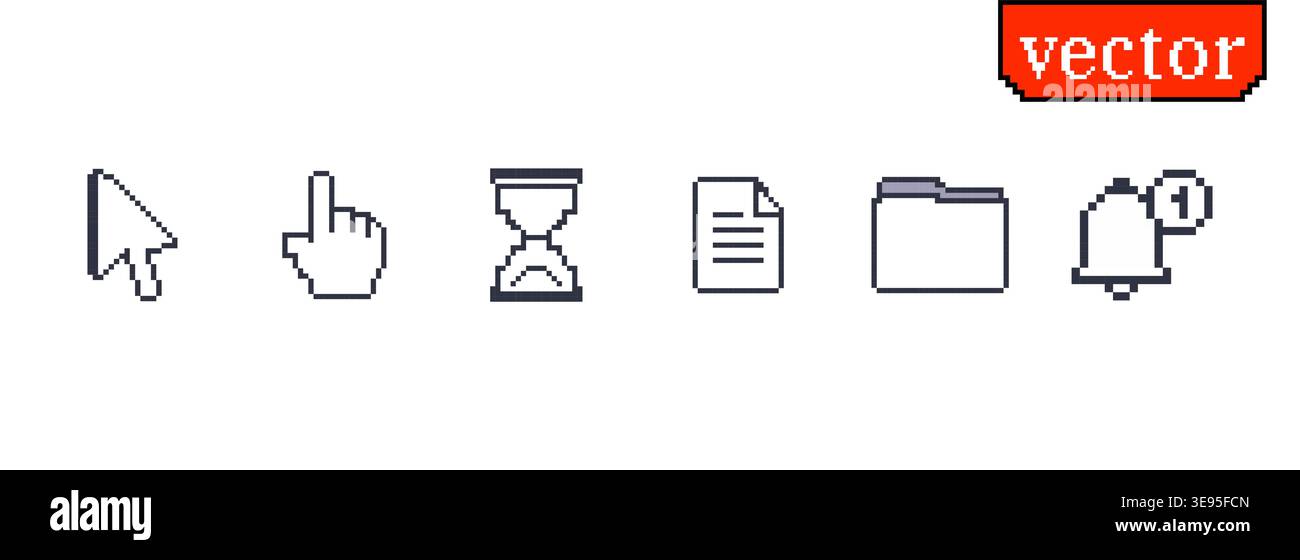 Essential pixel style interface symbols including cursor pointer hand hourglass file folder and notification bell for system and app design Stock Vector