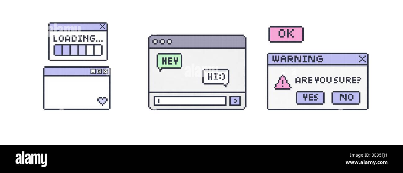 Retro style interface graphics featuring messaging windows system dialogs progress indicators and interactive controls for digital applications Stock Vector