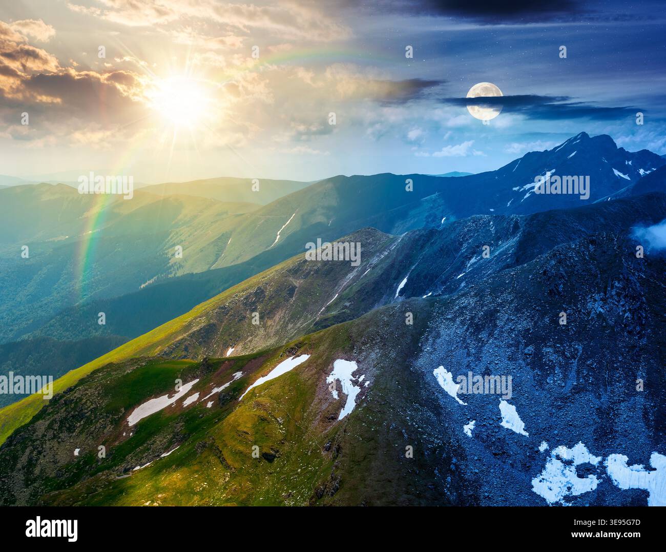 day meet night. mountain scenery on summer solstice. sun and moon over gorgeous mountainous landscape. background with rocky cliffs and grassy hillsid Stock Photo