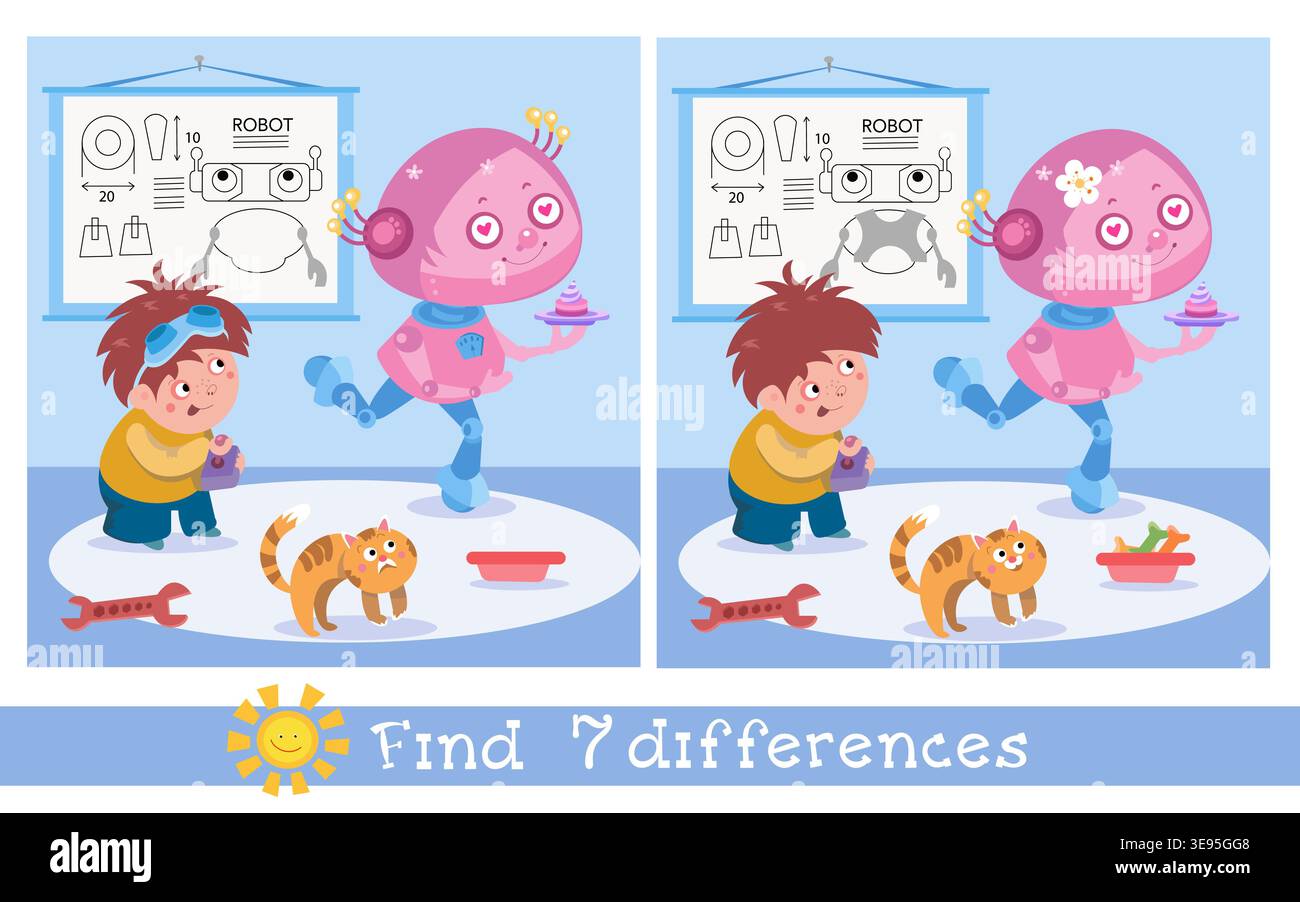 Kids vector illustration featuring find 7 differences game with cute ...
