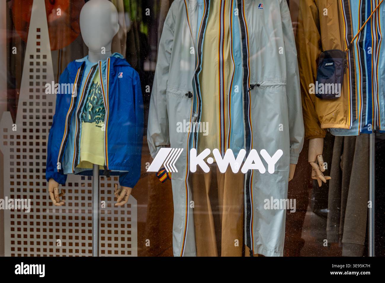 Window of a K-Way boutique. K-Way is a brand of waterproof clothing of French origin, famous for its nylon windbreaker jacket Stock Photo