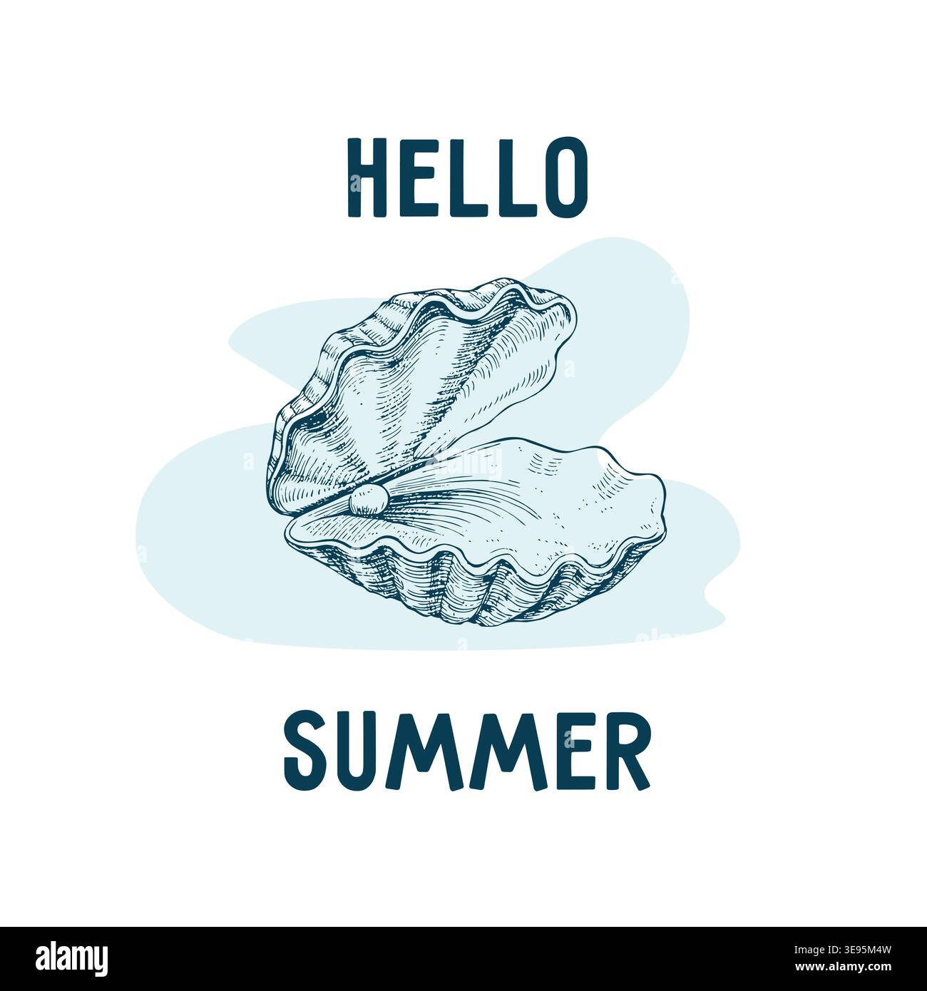 Hand-drawn illustration of an open oyster with a pearl inside, accompanied by the text "Hello Summer" in a playful font, set against a light blue Stock Vector