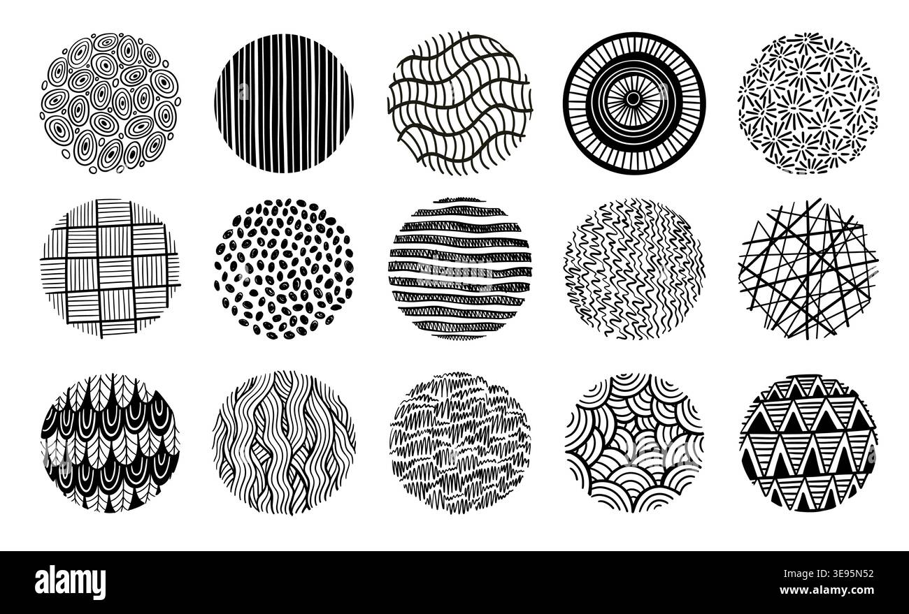 Pattern texture circle doodle patterns with circular geometric ornamental motifs, hand drawn abstract round elements, stripes, lines, dots, waves and Stock Vector
