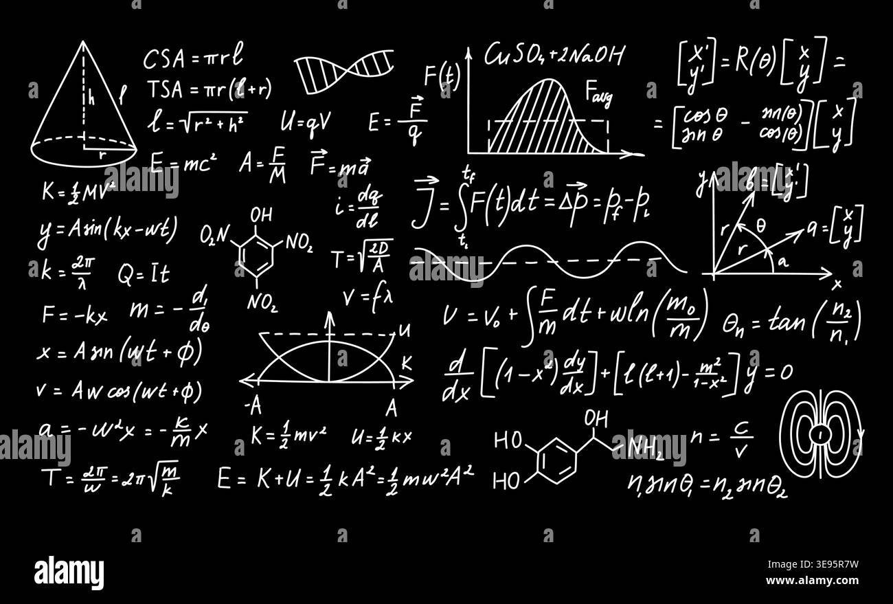 Blackboard with science formulas and equations, chalk handwritten mathematics, physics and chemistry diagrams on black background, educational vector Stock Vector