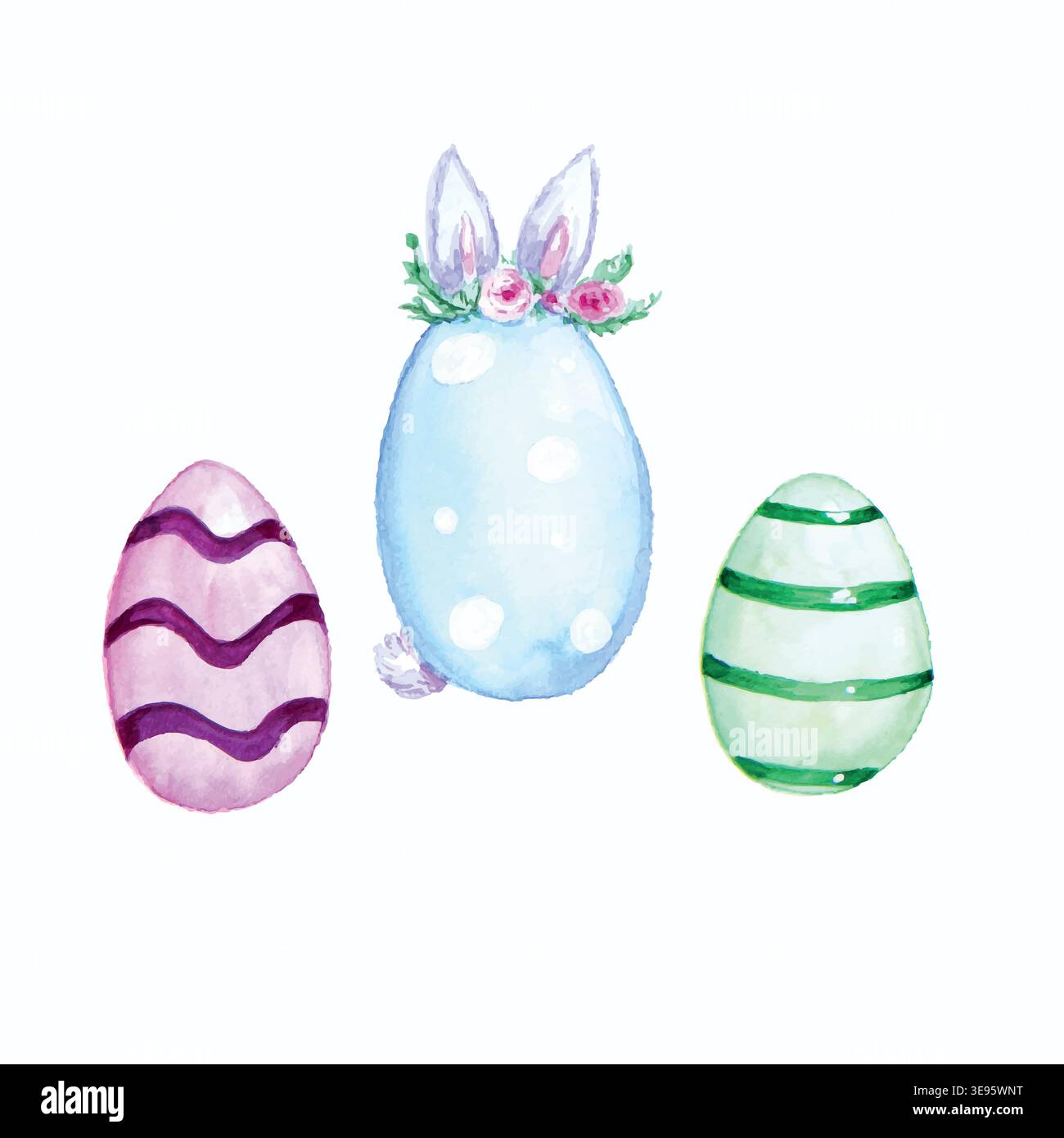 Watercolor Easter egg with bunny ears and other Easter elements Stock Vector