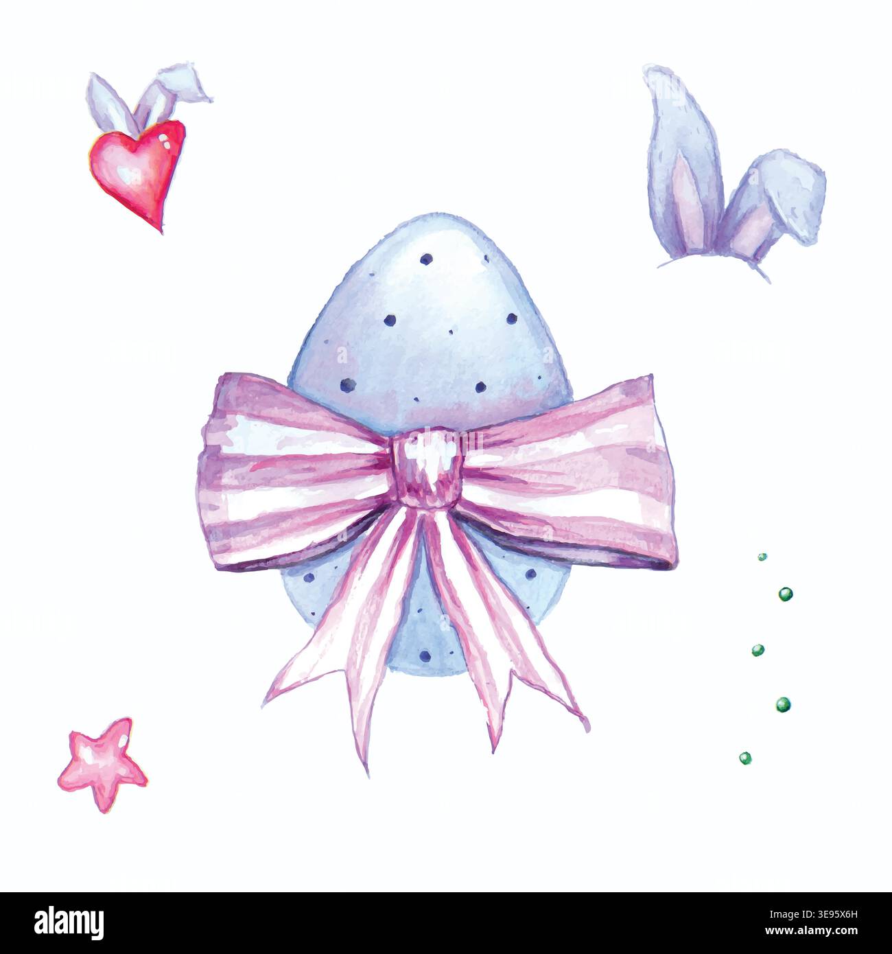 Watercolor Easter egg with bunny ears and other Easter elements Stock Vector