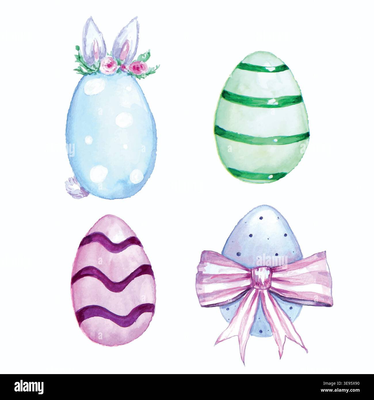 Watercolor Easter egg with bunny ears and other Easter elements Stock Vector