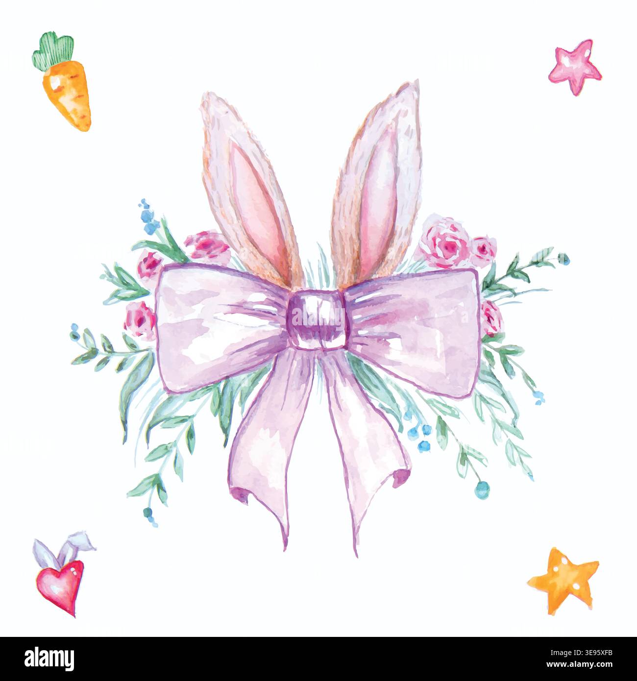 Watercolor Easter egg with bunny ears and other Easter elements Stock Vector