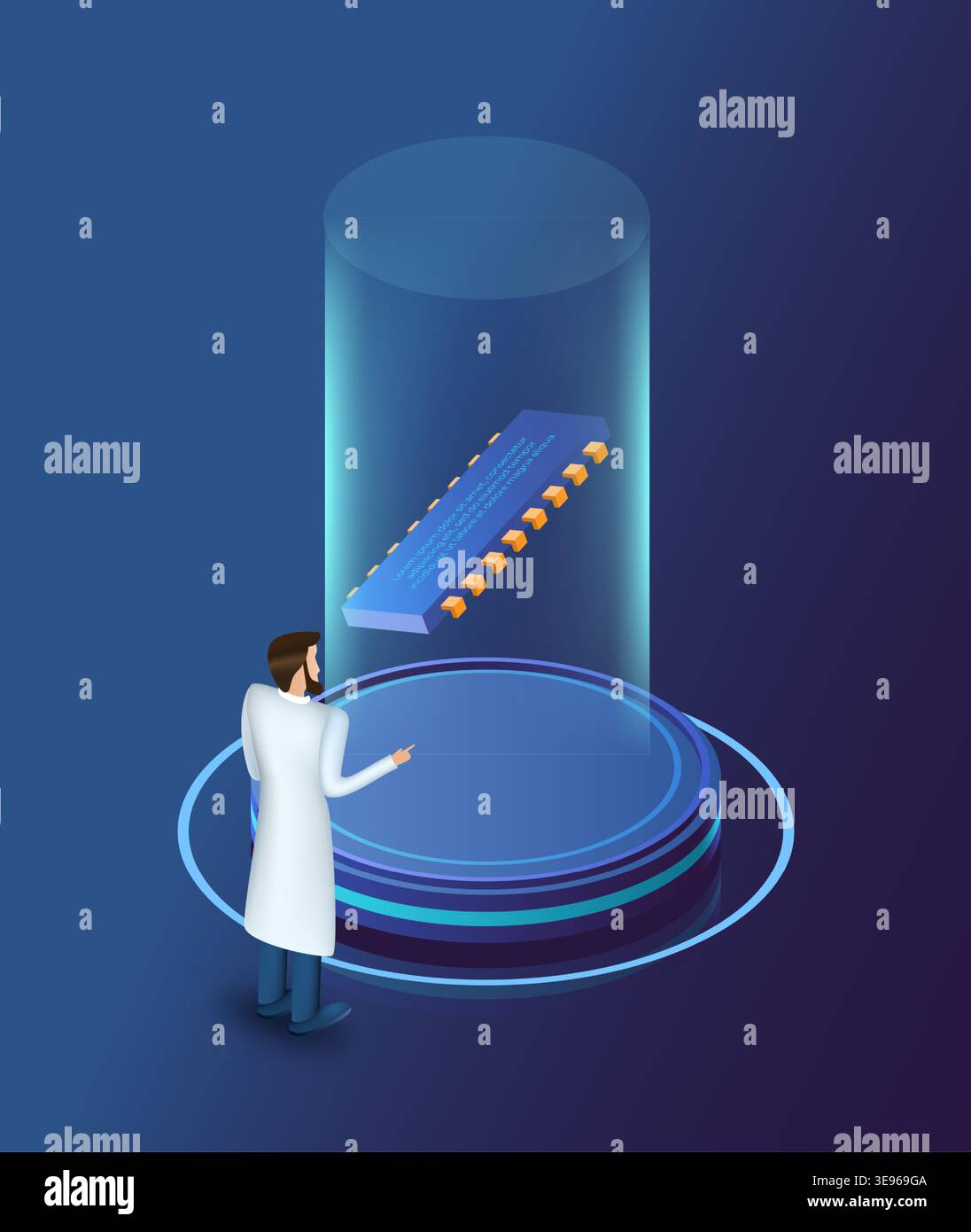 Digital data computing. Isometric 3D microchip on stand. Scientist in suit working with computer chip. Electronic equipment. Information processor. AI technology. Cyber intelligence. Vector concept Stock Vector