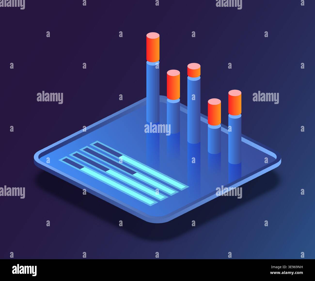 Digital data chart. Isometric 3D infographic at device screen. Histogram infochart. Smartphone display. Graphs mobile presentation. Business diagram. Indicator bars. Infograph analysis. Vector concept Stock Vector
