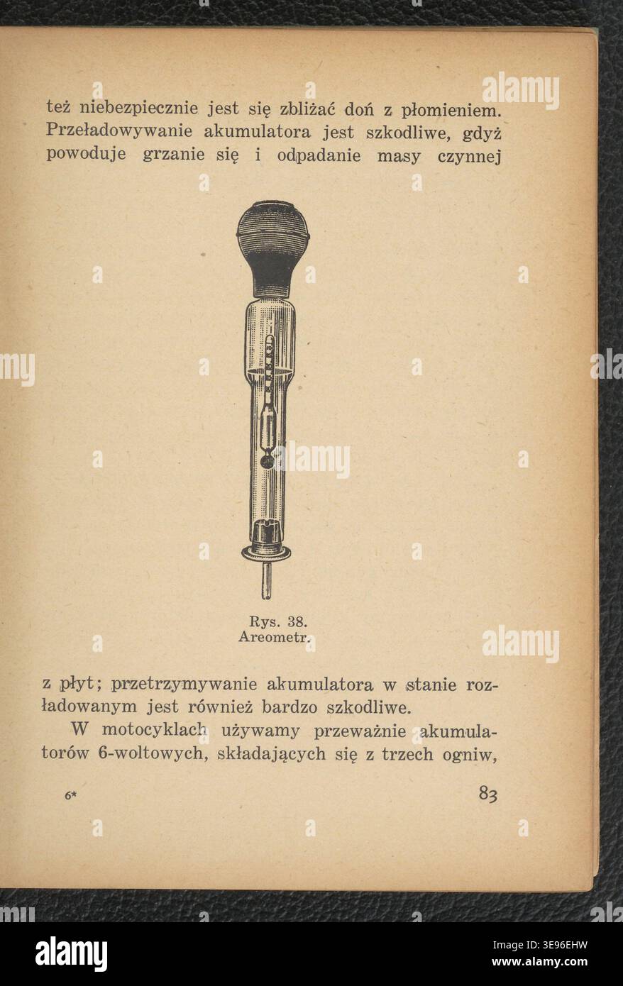 Działanie i obsługa motocykla (1935) was an instructional Polish-language publication detailing motorcycle operation, maintenance, and mechanical principles by Lucjan Kapitaniak. The archival photographic record documents a printed technical manual issued in Warsaw in 1935 with illustrated content. The image corresponds to inventory reference number 105882937. Stock Photo