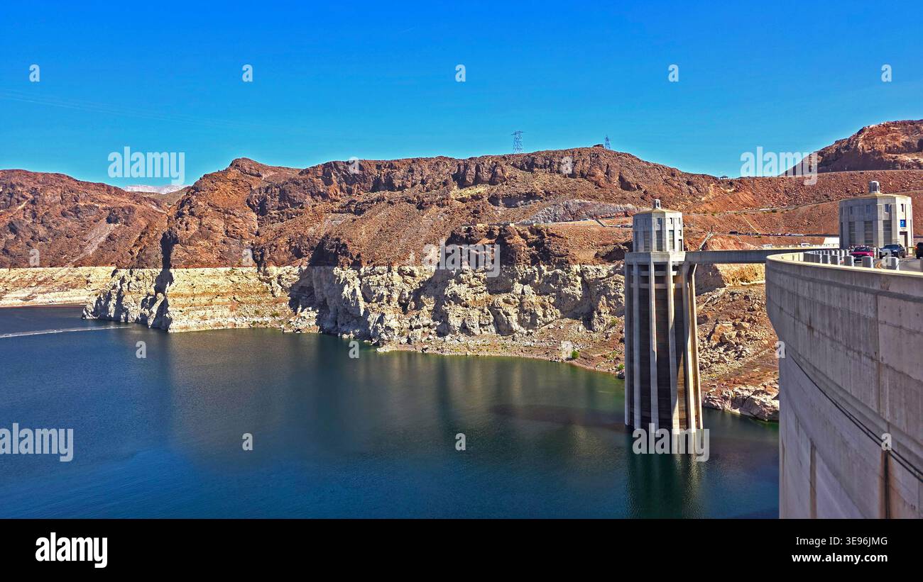 Hoover Dam intake towers over Lake Mead. View of Hoover Dam intake ...