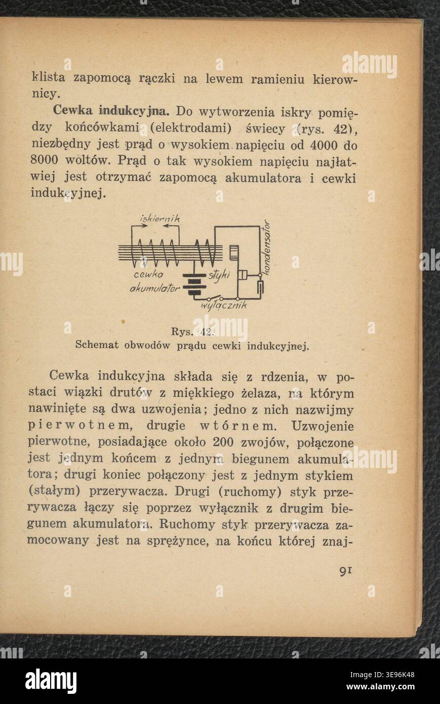 Działanie i obsługa motocykla (1935) was a Polish-language motorcycle instruction manual written by Lucjan Kapitaniak and published by the Główna Księgarnia Wojskowa in Warsaw. The archival photographic record documents a printed technical book with illustrated explanations of motorcycle operation. The photograph is identified by inventory reference number 105882954. Stock Photo