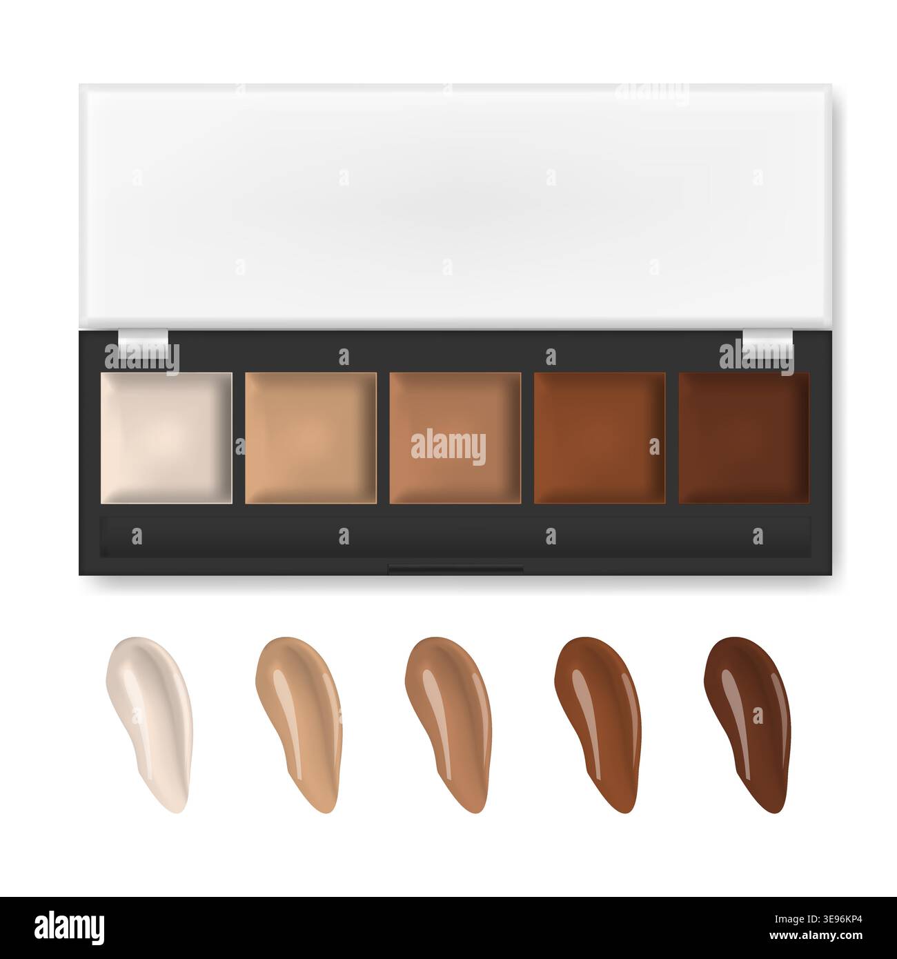 Makeup concealer palette with smear samples isolated on white background, realistic illustration. Vector template Stock Vector