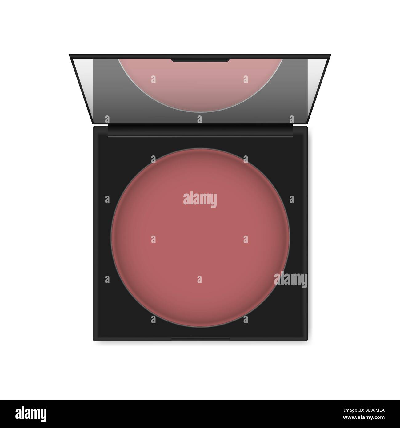 Make-up powder blush container isolated on white background. Open compact makeup blusher case with mirror - top view, vector template Stock Vector