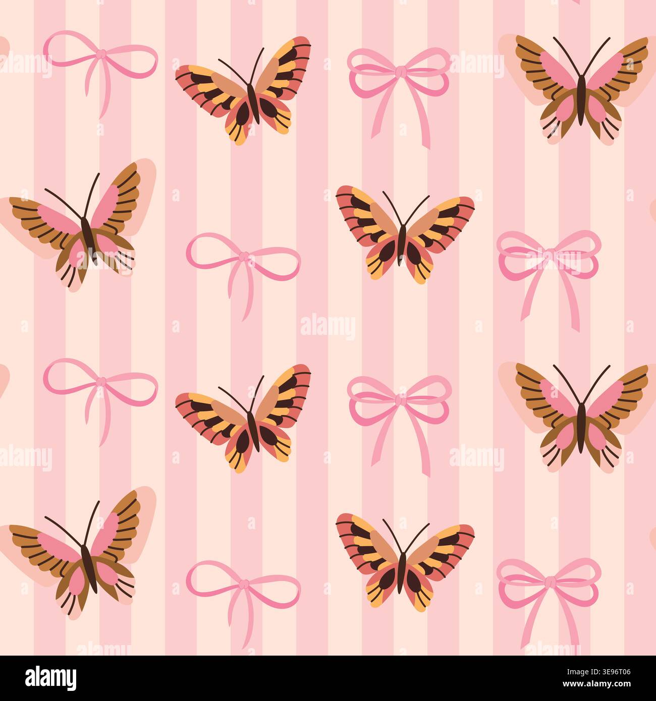 Seamless striped pattern with butterflies and bows Stock Vector