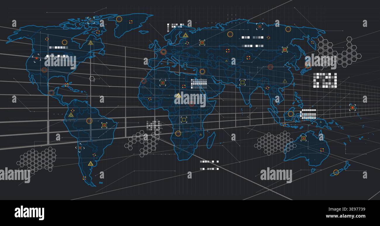 Showing blue world map outline on dashboard, displaying hexes, nodes, triangles, matrices Stock Photo