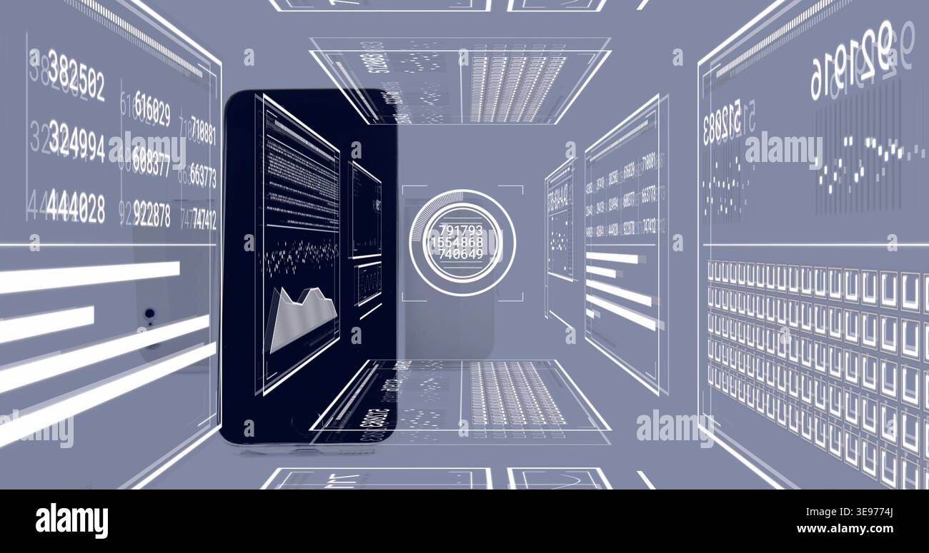 Vertical black server standing in virtual data corridor, displaying line chart, holographic panels Stock Photo