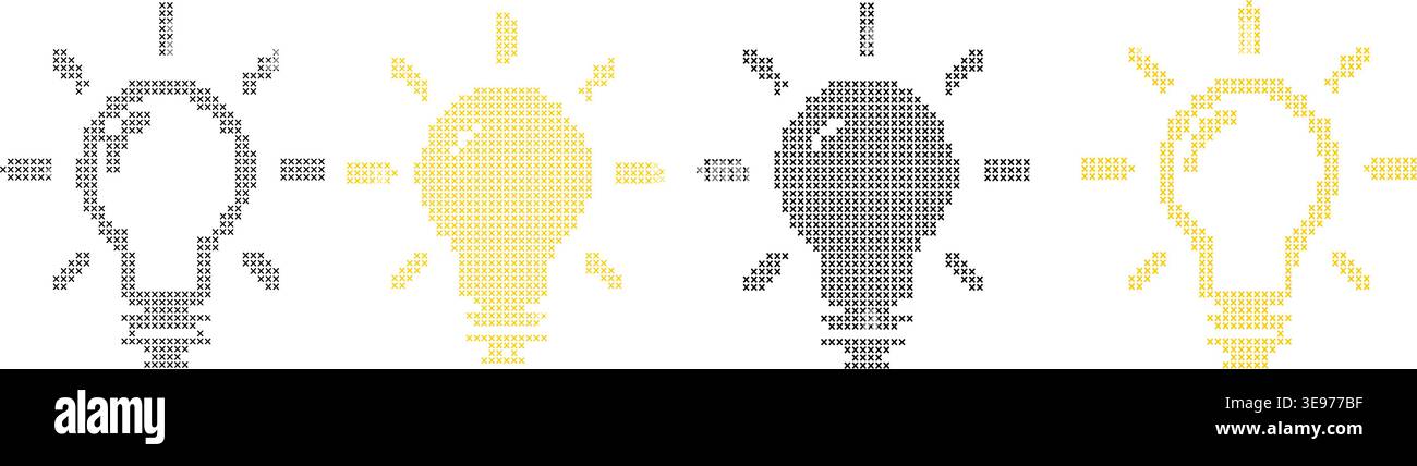 Light bulb cross stitch pattern set with different styles representing idea creativity and innovation concept Stock Vector