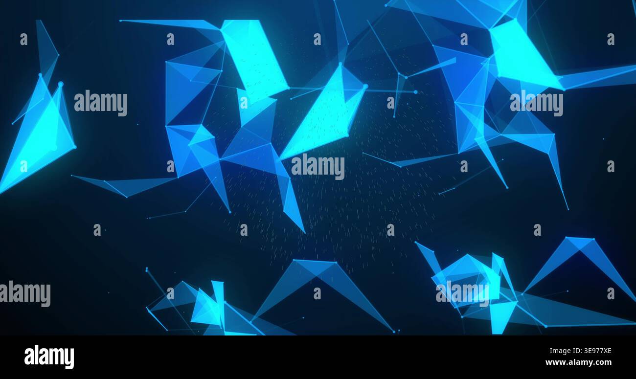 Glowing blue cyan triangles floating in virtual space, forming wireframe, particles, glow effects Stock Photo