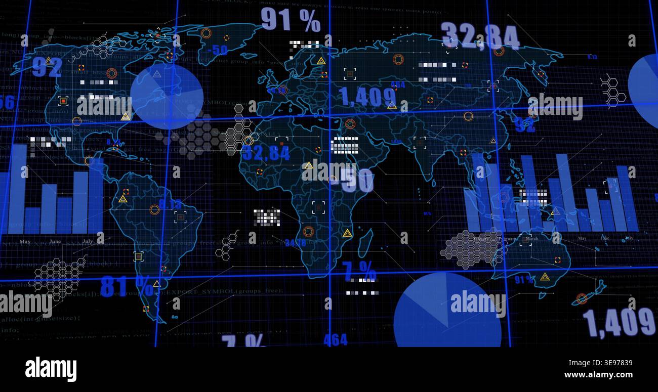 Displaying stylized world map on digital dashboard, highlighting pie charts, bars, numeric readouts Stock Photo