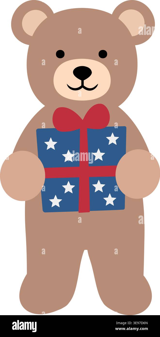 Cute patriotic teddy bear holding a gift box with a star pattern. Patriotic brown teddy bear flat vector Illustration. Stock Vector