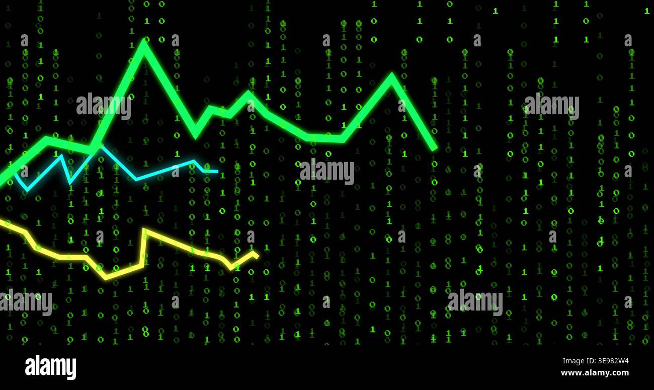 Displaying three neon line graphs pulsating across virtual dashboard, with cascading binary digits Stock Photo