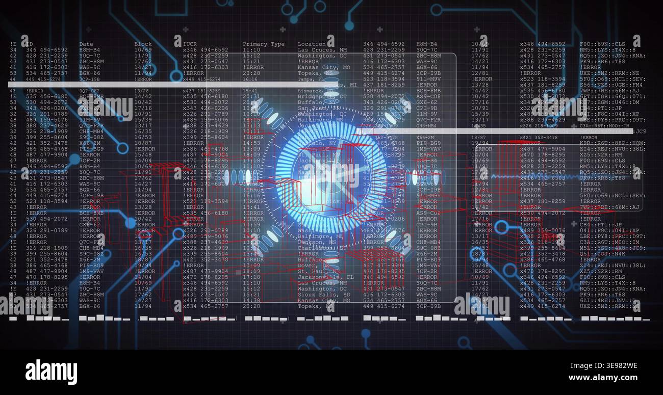Displaying central holo interface pulsing blue on network panel overlaying columns and red warnings Stock Photo