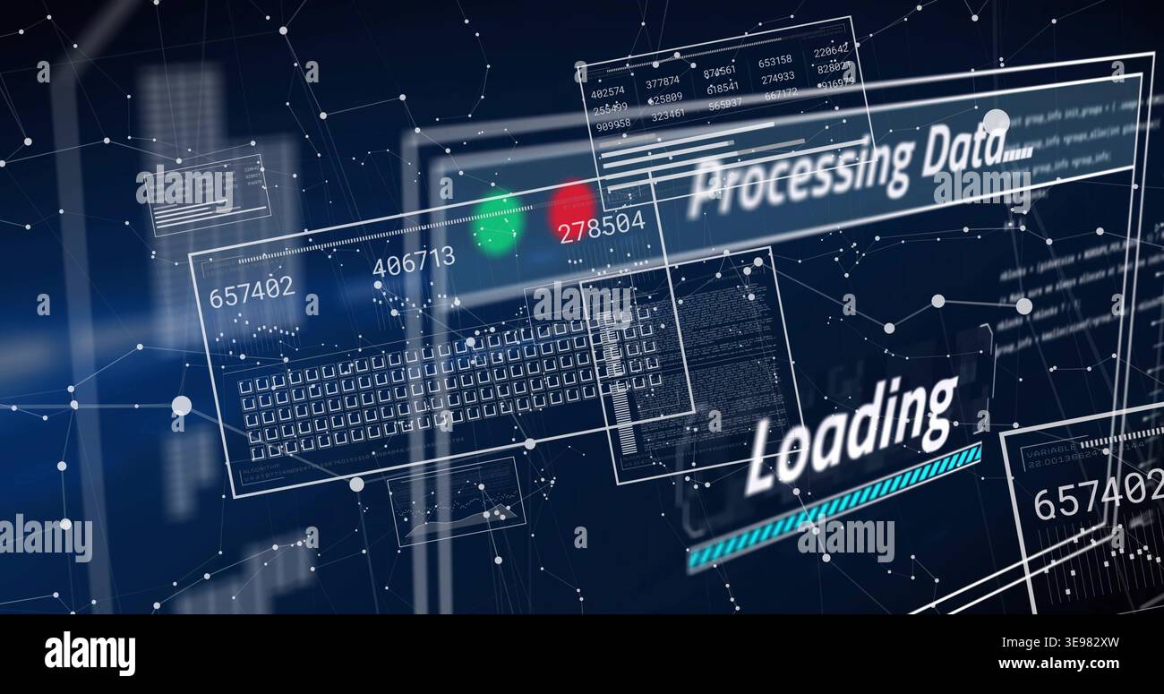 Showing central HUD panel displaying Processing Data and Loading progress bar on console, node mesh Stock Photo