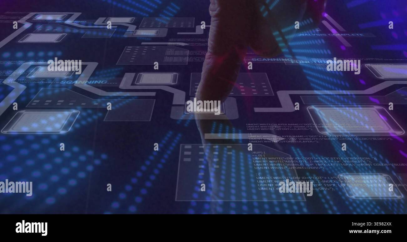 Pressing gloved finger manipulating holographic interface in tech lab, translucent panels glowing Stock Photo