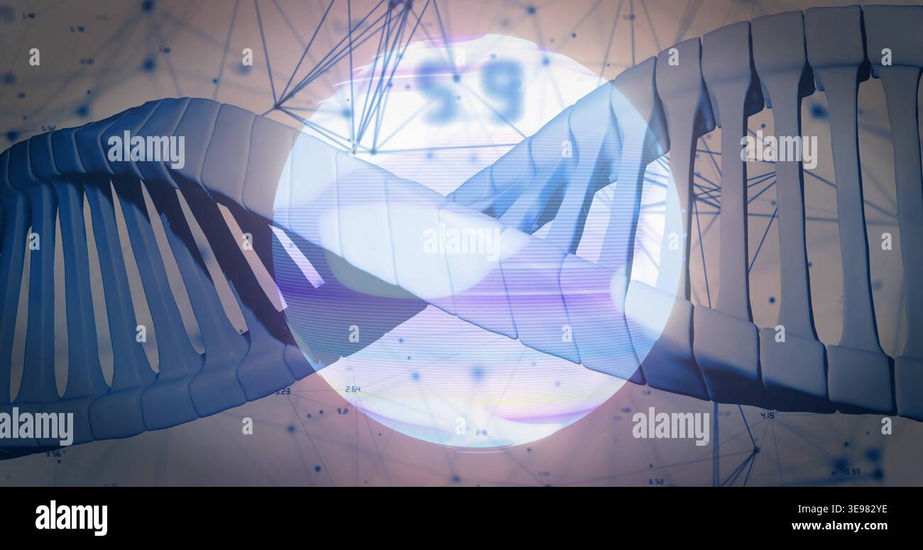 Rendering large 3D DNA helix spanning abstract digital view with translucent orb and mesh lines Stock Photo