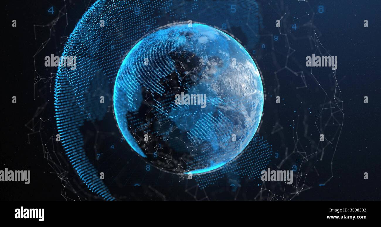 Glowing digital globe floating in virtual data visualization space, showing mesh overlay and nodes Stock Photo