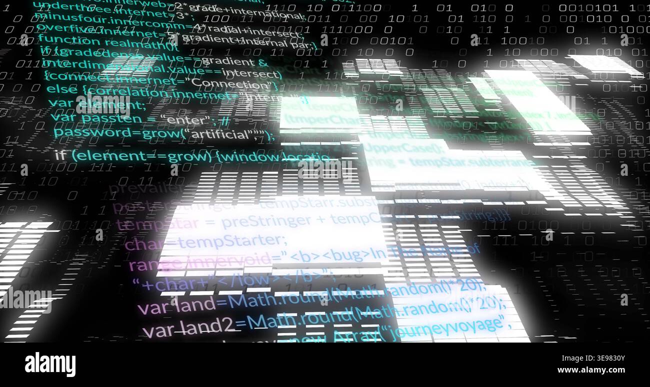 Streaming layered JavaScript-like code and binary digits over glowing tile grid in cyberspace Stock Photo